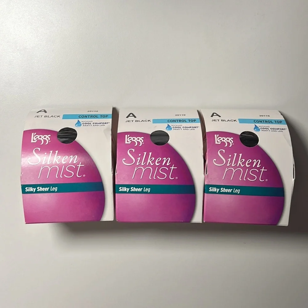 3 Pair L'eggs Silken Mist Sheer Control Top Pantyhose Black Mist Jet Black A B - Picture 2 of 2